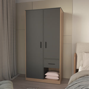 English Elm Matt Grey Two-Tone Wardrobe with Drawer and Open Shelves, 2-Door Melamine Closet for Modern Bedrooms (96) B062S01137