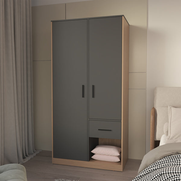 English Elm Matt Grey Two-Tone Wardrobe with Drawer and Open Shelves, 2-Door Melamine Closet for Modern Bedrooms (96) B062S01137