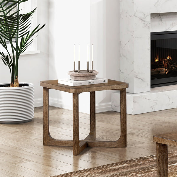 English Elm 1pc Square Wood End Table with Walnut Veneer and X-Base, Contemporary Side Table for Living Room Amenities Light Brown 36.5 L x 28 W x 9 H B011P387123