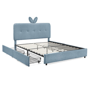 English Elm Full Size Kids Storage Bed Boucle Upholstered Rabbit Ear Headboard with Led Lighting Navy W1413P384925