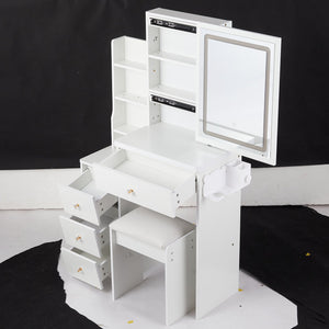 English Elm 29.2" Stylish Compact Vanity Table Set With Led Mirror, Usb Ports, Hair Dryer Bracket & Stool W936P226042