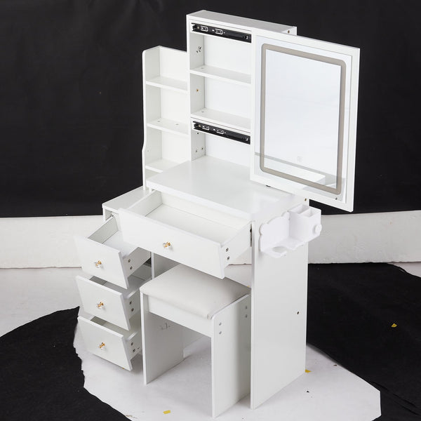 English Elm 29.2" Stylish Compact Vanity Table Set With Led Mirror, Usb Ports, Hair Dryer Bracket & Stool W936P226042
