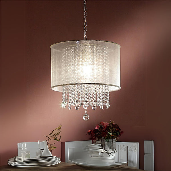 English Elm 21" Bhavya Ceiling Lamp Gold Finish with Silk Shade, 100% Crystal Droplets & 3-Bulb LED Ready B072116236
