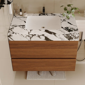 English Elm 29.9" Floating Bathroom Vanity Sintered Stone Top Soft Close Drawers Bronze Gold Hardware W3136S00040