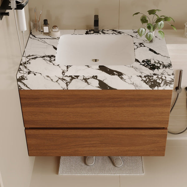 English Elm 29.9" Floating Bathroom Vanity Sintered Stone Top Soft Close Drawers Bronze Gold Hardware W3136S00040