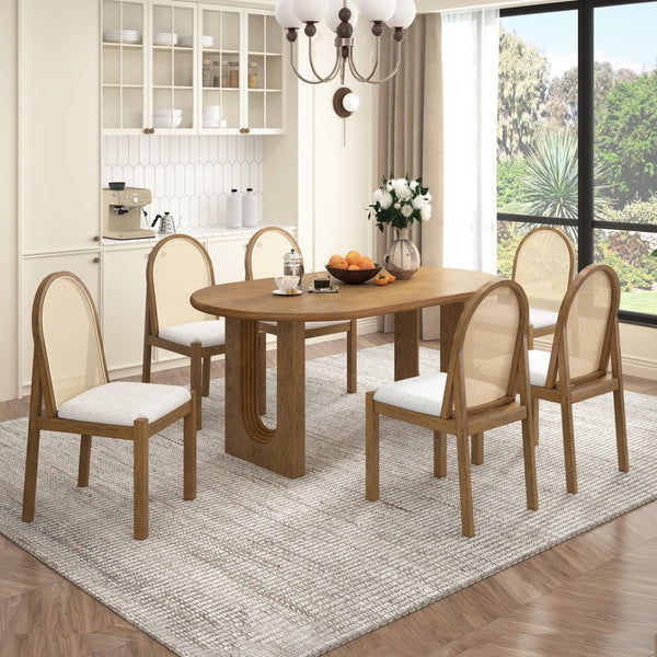 English Elm Trexm Farmhouse Oval Dining Set Seats Six with Rattan Back Chairs Oak Veneer Table Beige,Light Brown ST000157AAP