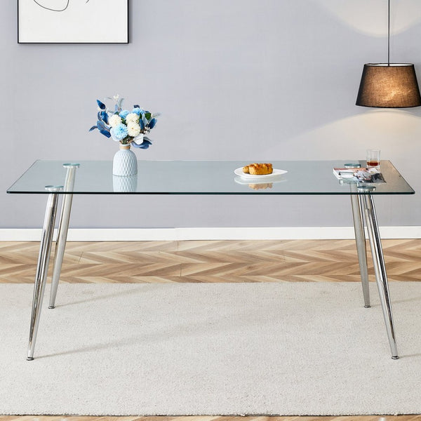 English Elm Modern Tempered Glass Dining Table Seats Six with Sleek Silver Legs for Open Spaces W1151S03176