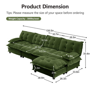 English Elm 138" Chenille Modular Cloud Sectional with Ottoman Deep Seat Lounge Sofa for Apartments Green W714S01732