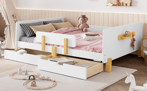 English Elm Twin Low Profile Kids Floor Bed Pine Wood Frame with Safety Rail and Built in Bookshelf Light White W1580P373244