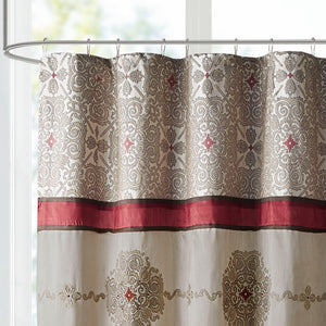 JLA Home Madison Park - Embroidered Jacquard Shower Curtain with Medallion Motif, Color-Blocked Texture & Rust-Resistant Grommets Red MP70-4047