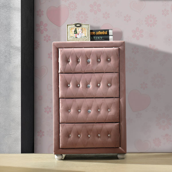 English Elm Pink 4-Drawer Chest with Crystal Knobs, Padded Case-Legs & Smooth Metal Glides for Stylish Storage B062P209049