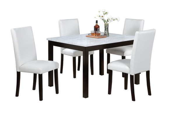 English Elm Modern White and Espresso 5pc Dining Set with Faux Marble Top, Upholstered Faux Leather Chairs, Sleek Finish B011P373217