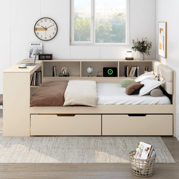 English Elm Wood Full Size Platform Bed With Upholstered Headboard, Storage Solutions & Usb Charging Station GX002108AAC-GIGA