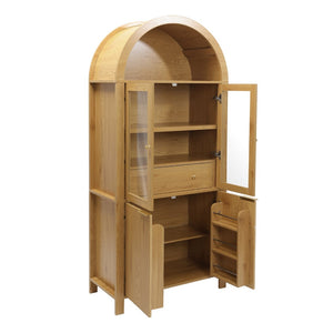 English Elm 71" Arched Glass Barn Door Pantry Cabinet Farmhouse Mdf Storage for Kitchen Dining Oak W2917S00015