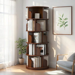 English Elm 5 Tier Rotating Bookshelf Tower with 360° Spin, Space-Saving Corner Display, Modern MDF Storage Unit Walnut W3204P355670