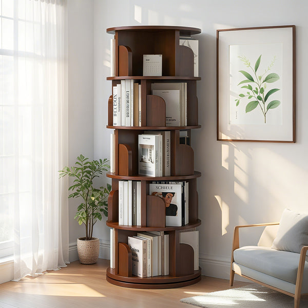 English Elm 5 Tier Rotating Bookshelf Tower with 360° Spin, Space-Saving Corner Display, Modern MDF Storage Unit Walnut W3204P355670