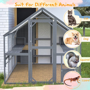 English Elm Extra Large Walk-in Outdoor Cat Enclosure with Oxford Roof Ramps and Dual Resting Huts W1422S00048