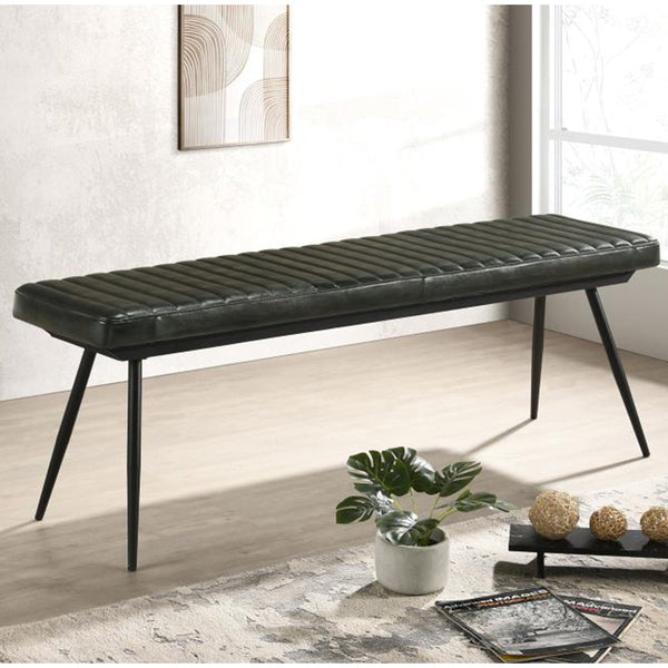 English Elm Leather Upholstered Dining Bench with Hand-Dyed Goat Leather, Vertical Tufting and Metal Legs Antique Espresso B016P369687