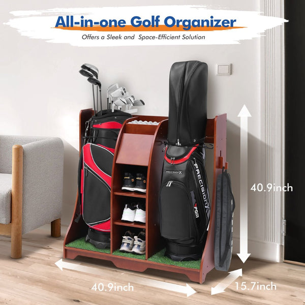 English Elm Wood Golf Storage Rack with Turf Accents Four Shelves and Bag Bay for Garage B205P298024