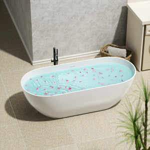 English Elm 63" Oval Freestanding Soaking Tub Solid Surface Resin Spa Bathtub Glossy White W1920P385616