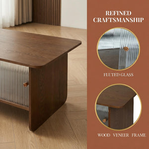 English Elm 47"rectangular Coffee Table Fluted Glass Sliding Doors Retro Wood Grain Living Room Storage Brown W3935P408518