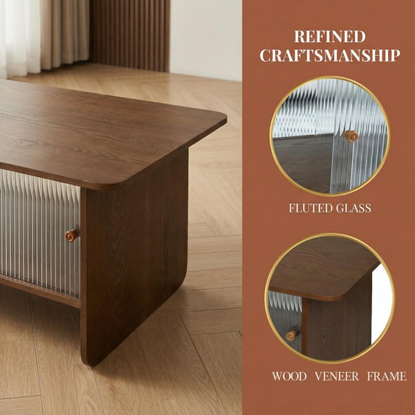 English Elm 47"rectangular Coffee Table Fluted Glass Sliding Doors Retro Wood Grain Living Room Storage Brown W3935P408518