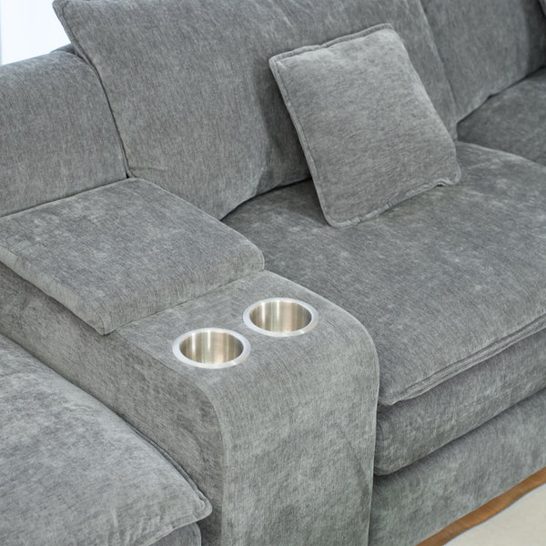 English Elm U Shaped Sectional Cloud Couch for Living Room 144" Plush Modular Sofa with Ottoman Storage Console Cupholders Grey W3276S00012