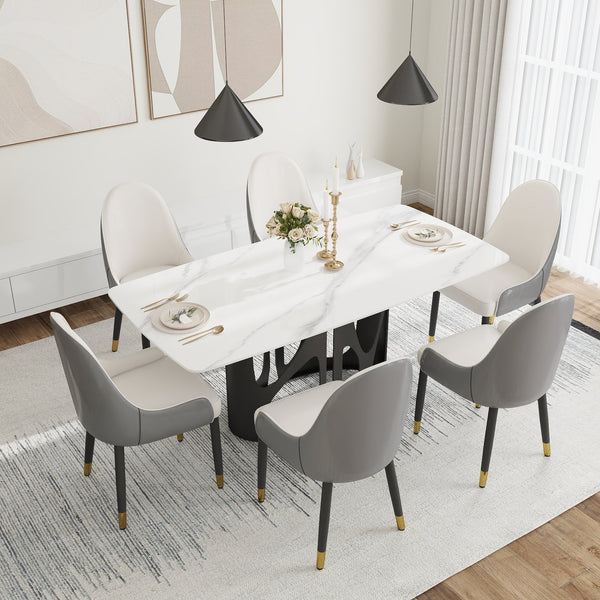 English Elm 70.86" Modern Sintered Stone Dining Table With Curved White Top & Black Iron Legs For 6-8 People W1535S00430