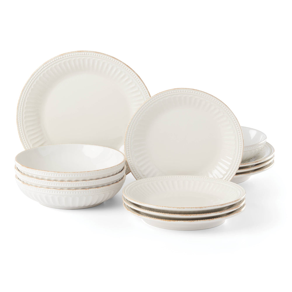 Lenox French Perle Groove Stoneware Dinnerware Set for Four with Artisan Bead Texture 891196