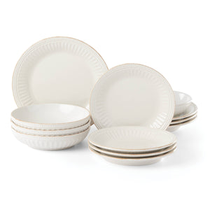 Lenox French Perle Groove Stoneware Dinnerware Set for Four with Artisan Bead Texture 891196