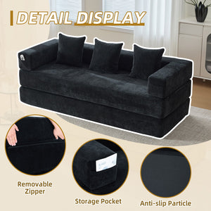 English Elm UNITED Folding Sofa Bed with Removable Cover Zipper, Chenille Memory Foam Sleeper for Small Spaces Black W1568P293809