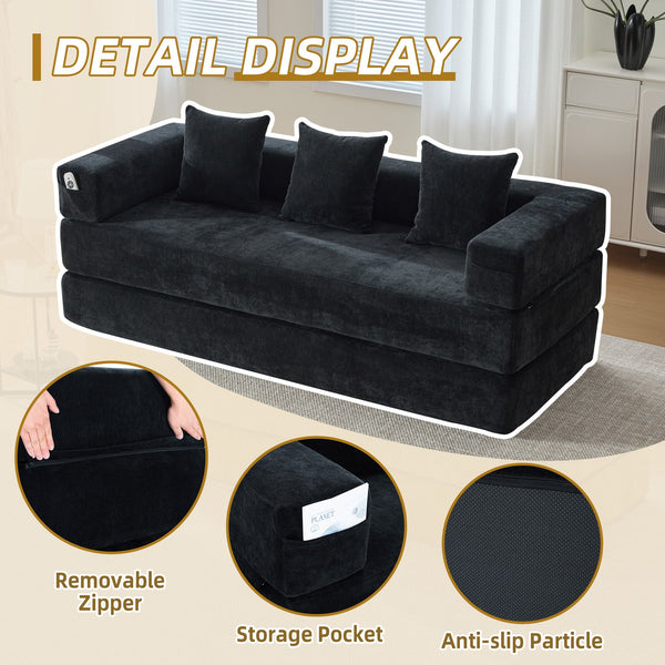 English Elm UNITED Folding Sofa Bed with Removable Cover Zipper, Chenille Memory Foam Sleeper for Small Spaces Black W1568P293809