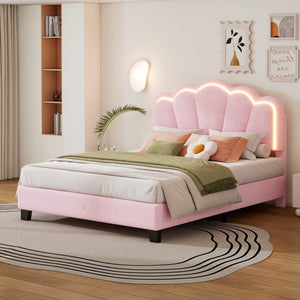 English Elm Full Size Upholstered Flower-Shape Bed, Elegant Flowers Headboard With Led Light Strip ,Sherpa Fabric Platform Bed With Wooden Slats Support, Pink