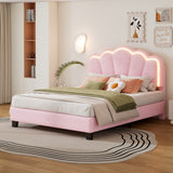 Full Size Flower-Shape Bed with LED Light Strip, Sherpa Fabric Platform, Pink