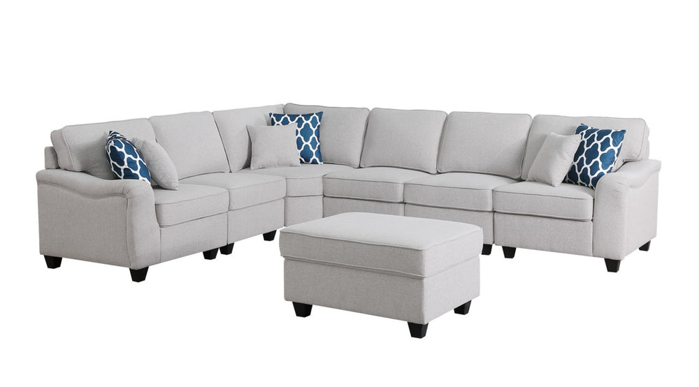 English Elm Leo Seven Piece Modular Sectional with Ottoman in Linen Blend for Open Living Rooms B061S00307