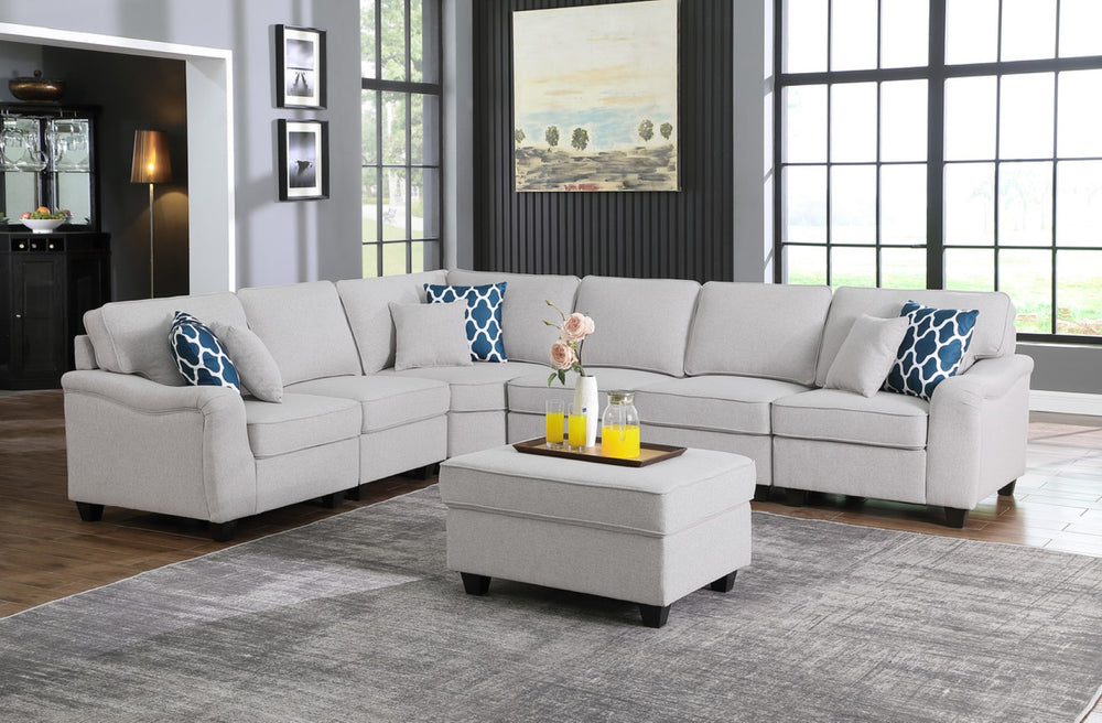 English Elm Leo Seven Piece Modular Sectional with Ottoman in Linen Blend for Open Living Rooms B061S00307