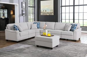 English Elm Leo Seven Piece Modular Sectional with Ottoman in Linen Blend for Open Living Rooms B061S00307