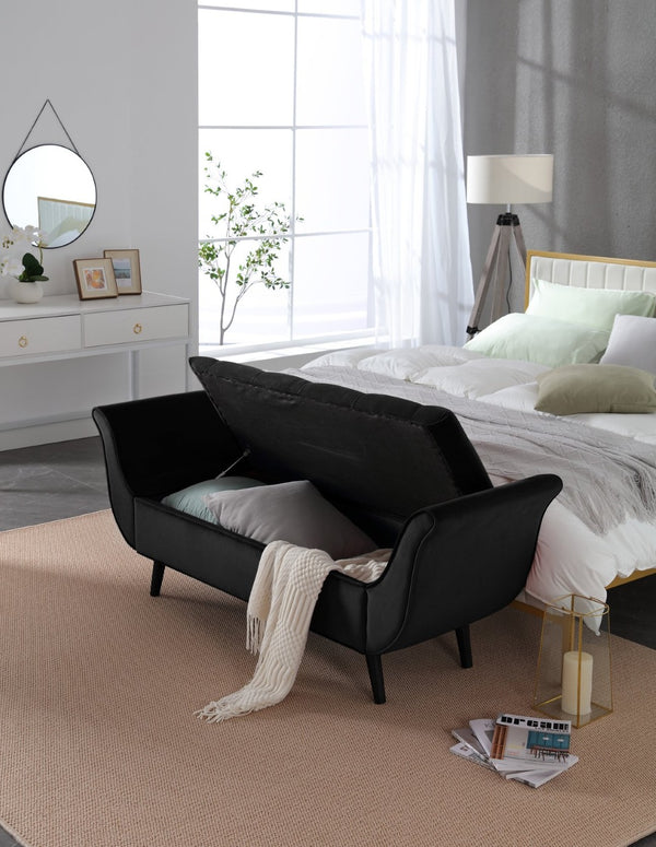 English Elm Vintage Velvet Tufted Storage Bench Extra Long Mid Century Seating for Bedroom W2795P428373