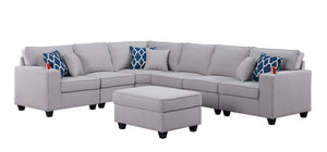 English Elm Cooper Linen Sectional Sofa 7 Piece Modular L Shape with Ottoman and Cupholders B061S00391