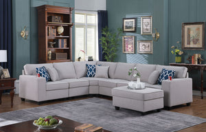 English Elm Cooper Linen Sectional Sofa 7 Piece Modular L Shape with Ottoman and Cupholders B061S00391