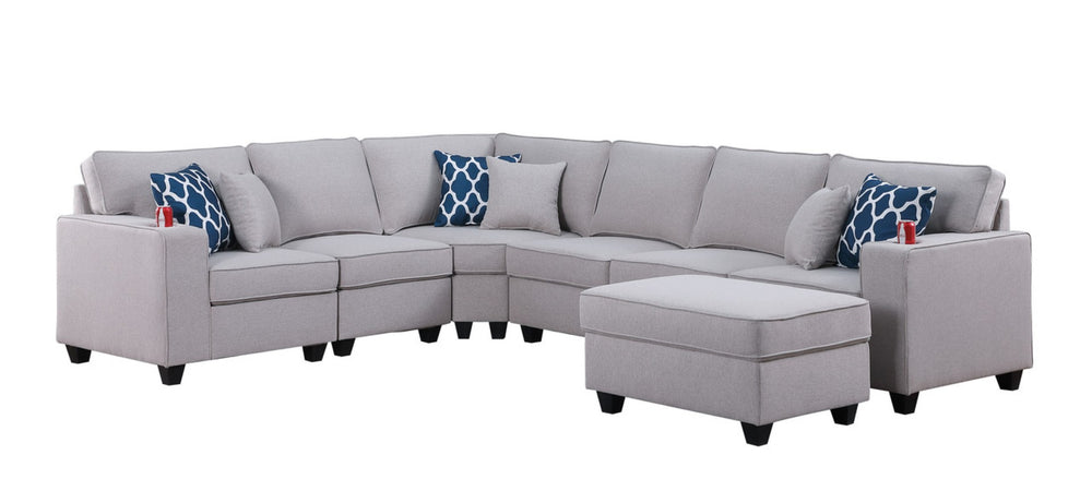 English Elm Cooper Linen Sectional Sofa 7 Piece Modular L Shape with Ottoman and Cupholders B061S00391