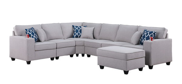English Elm Cooper Linen Sectional Sofa 7 Piece Modular L Shape with Ottoman and Cupholders B061S00391