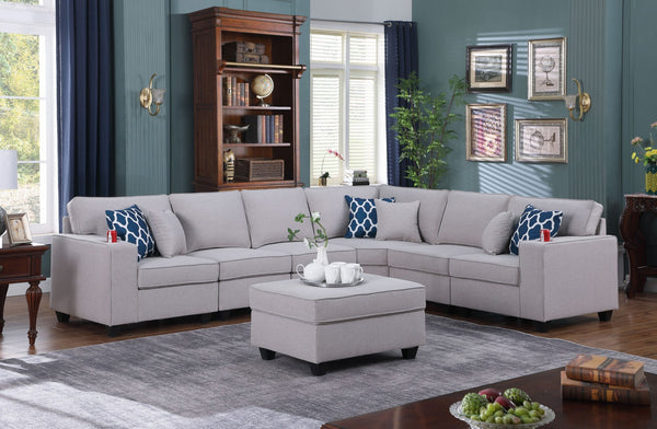 English Elm Cooper Modular Linen Sectional Sofa with Ottoman Cupholders for Large Living Rooms B061S00392