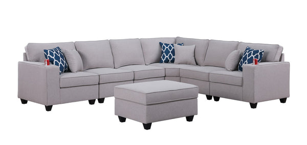 English Elm Cooper Modular Linen Sectional Sofa with Ottoman Cupholders and Reversible L Layout B061S00393