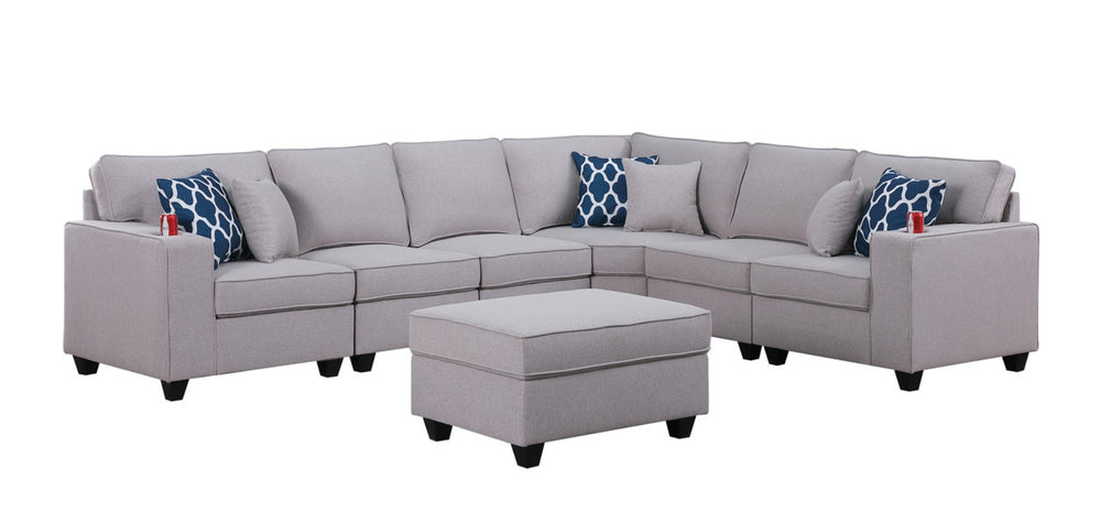 English Elm Cooper Modular Linen Sectional Sofa with Ottoman Cupholders for Large Living Rooms B061S00392