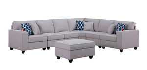 English Elm Cooper Linen Sectional Sofa 7 Piece Modular L Shape with Ottoman and Cupholders B061S00391