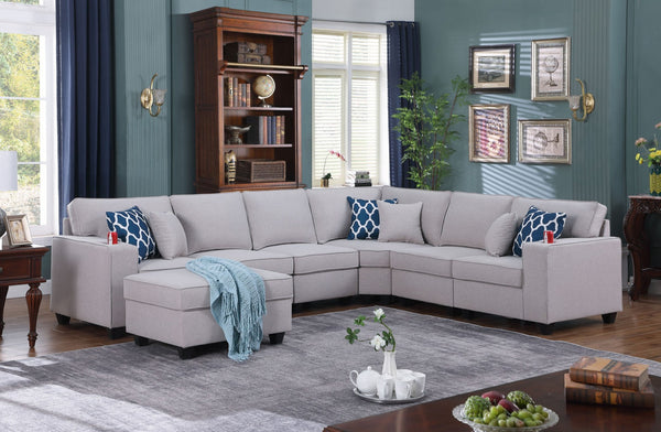 English Elm Cooper Modular Linen Sectional Sofa with Ottoman Cupholders and Reversible L Layout B061S00393
