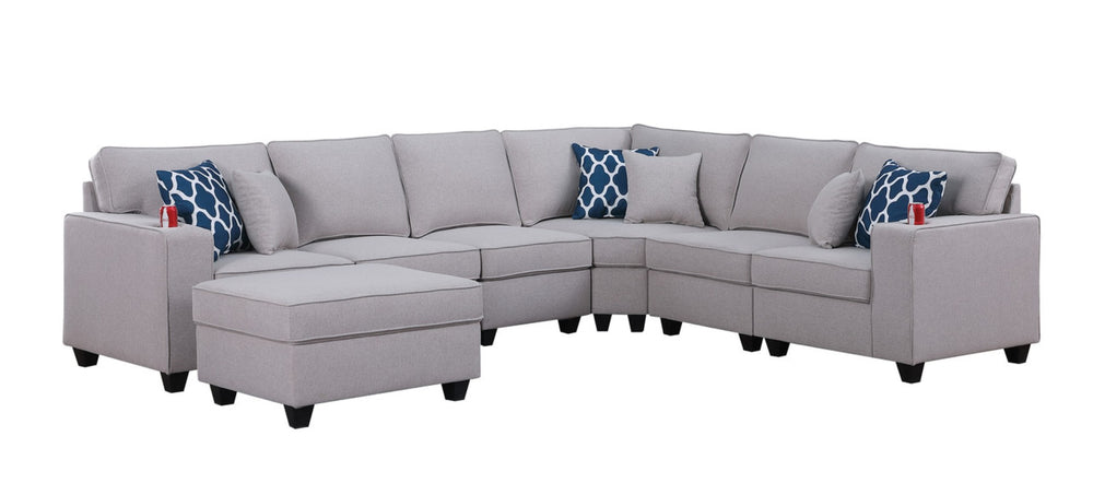 English Elm Cooper Modular Linen Sectional Sofa with Ottoman Cupholders and Reversible L Layout B061S00393