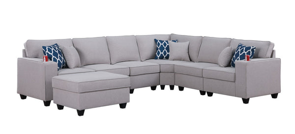 English Elm Cooper Modular Linen Sectional Sofa with Ottoman Cupholders and Reversible L Layout B061S00393