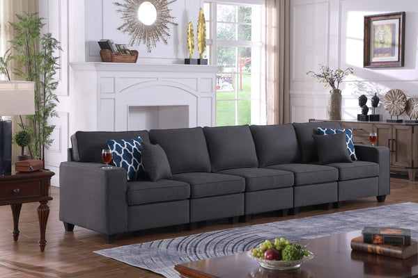 English Elm Cooper Modular Sectional Sofa Slate Linen Pocket Coil Seating with Built-in Cupholders B061S00417